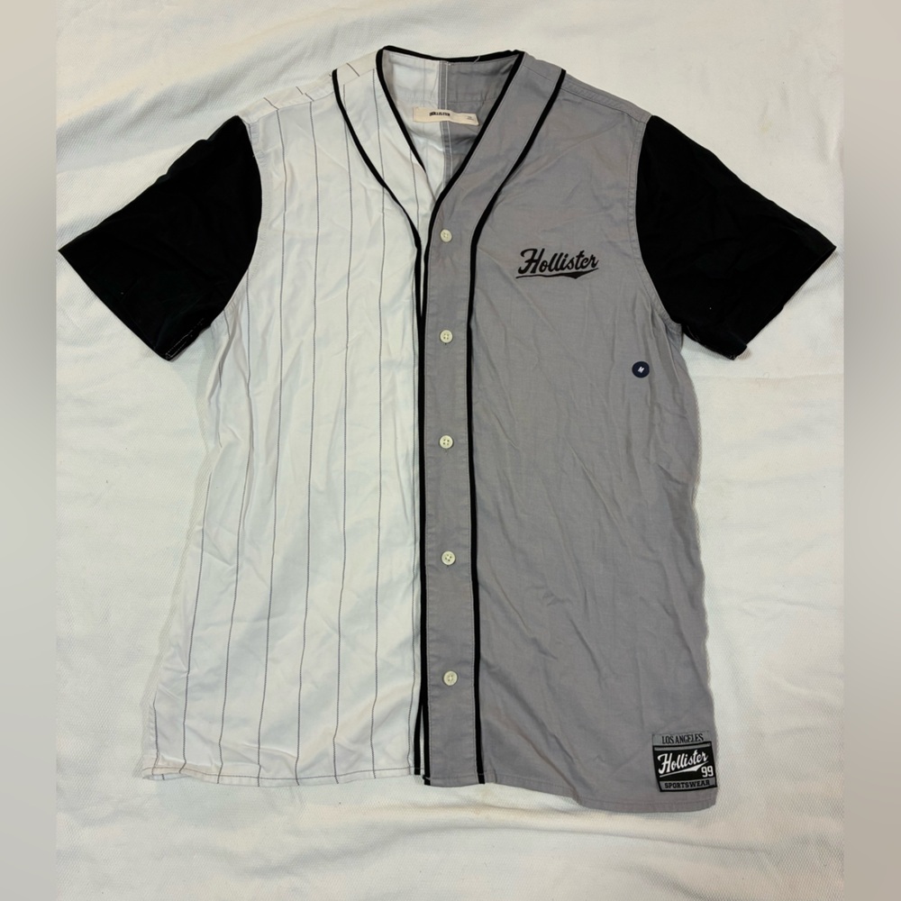 Hollister‎ M Color Block Split Baseball Jersey Shirt Pinstripe Grey Black